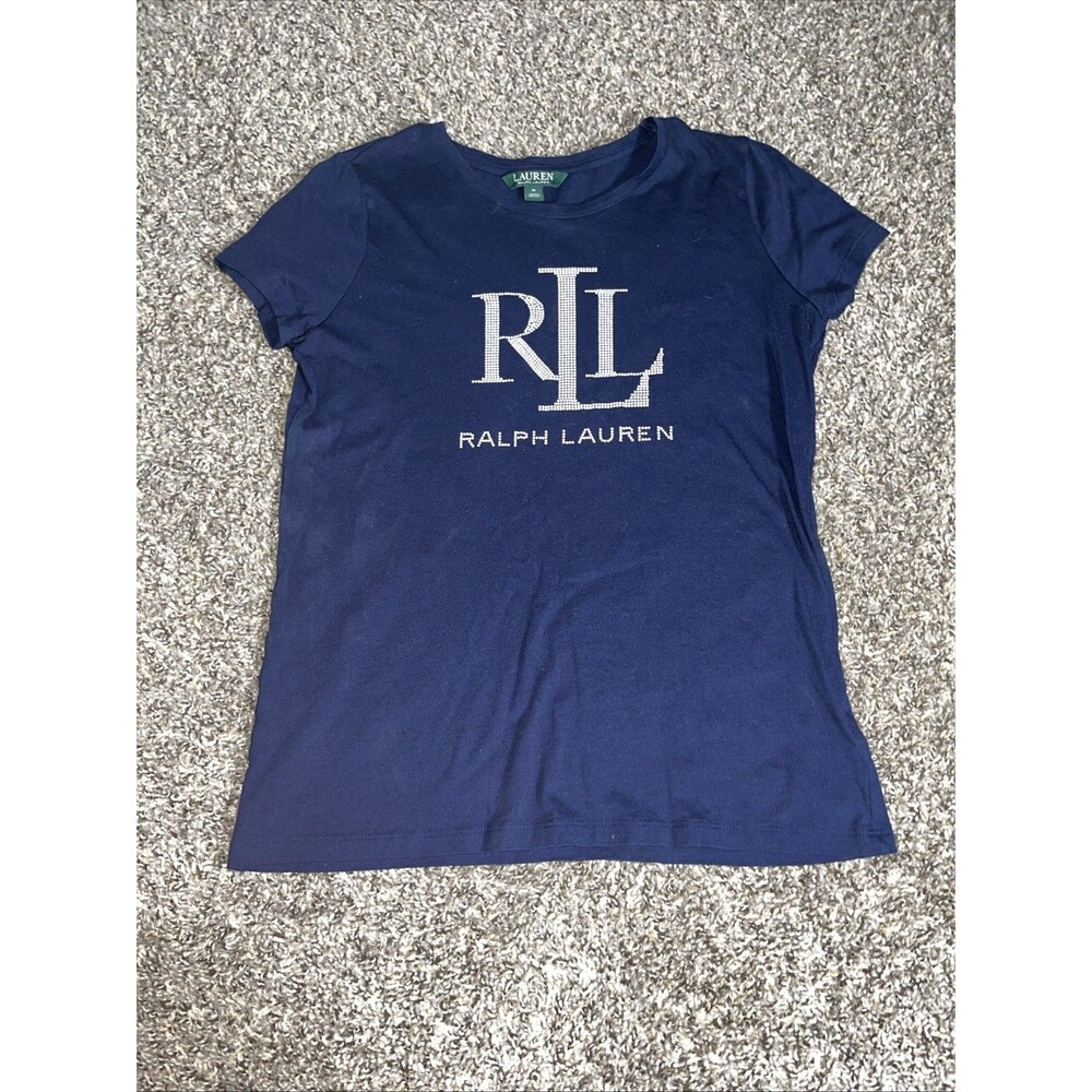 Lauren Ralph Lauren T Shirt Women M Navy Studded Logo Cap Sleeve Top Diamonds